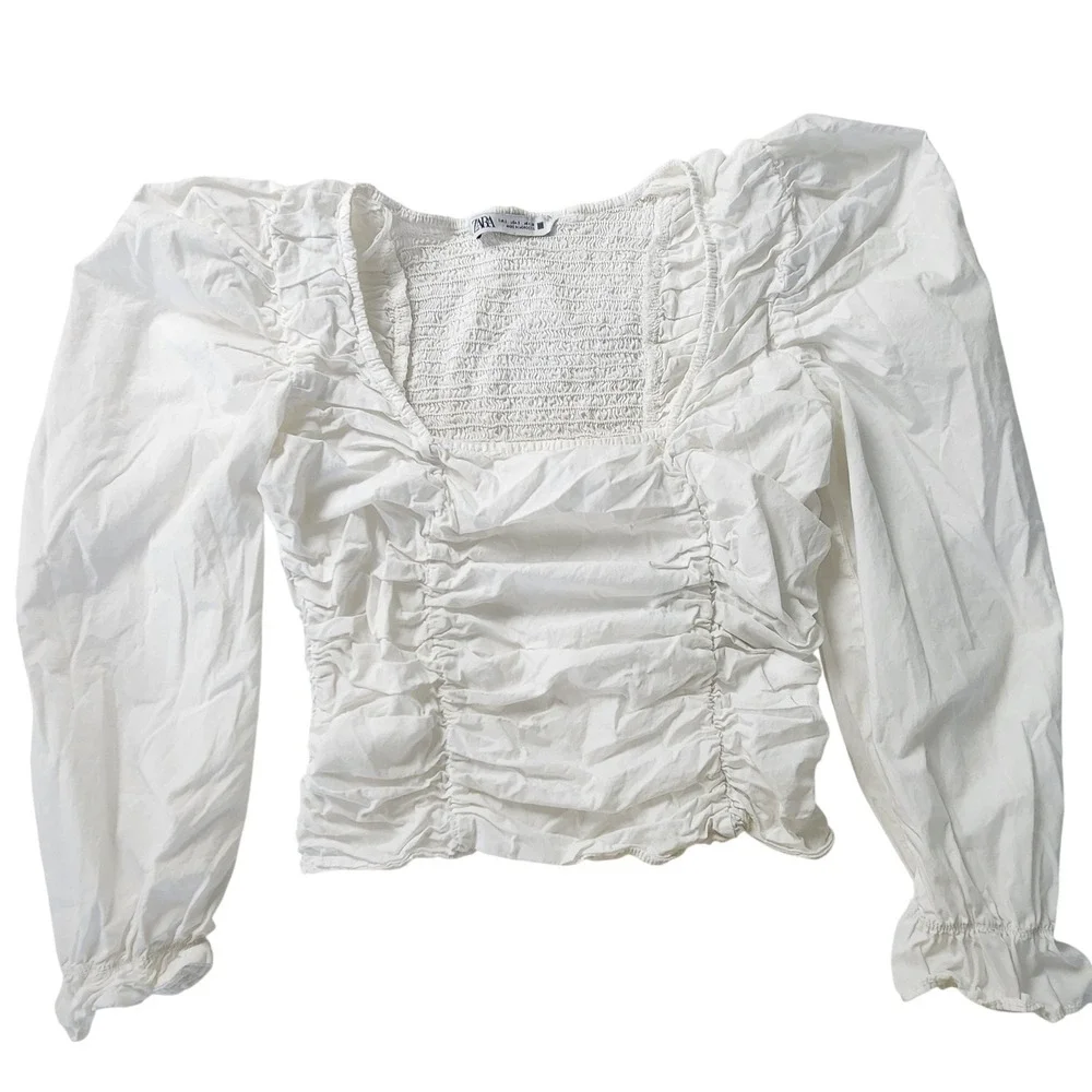 Zara Womens Small White Ruched Puff Sleeve Peasant Blouse Square Neck Cotton EUC